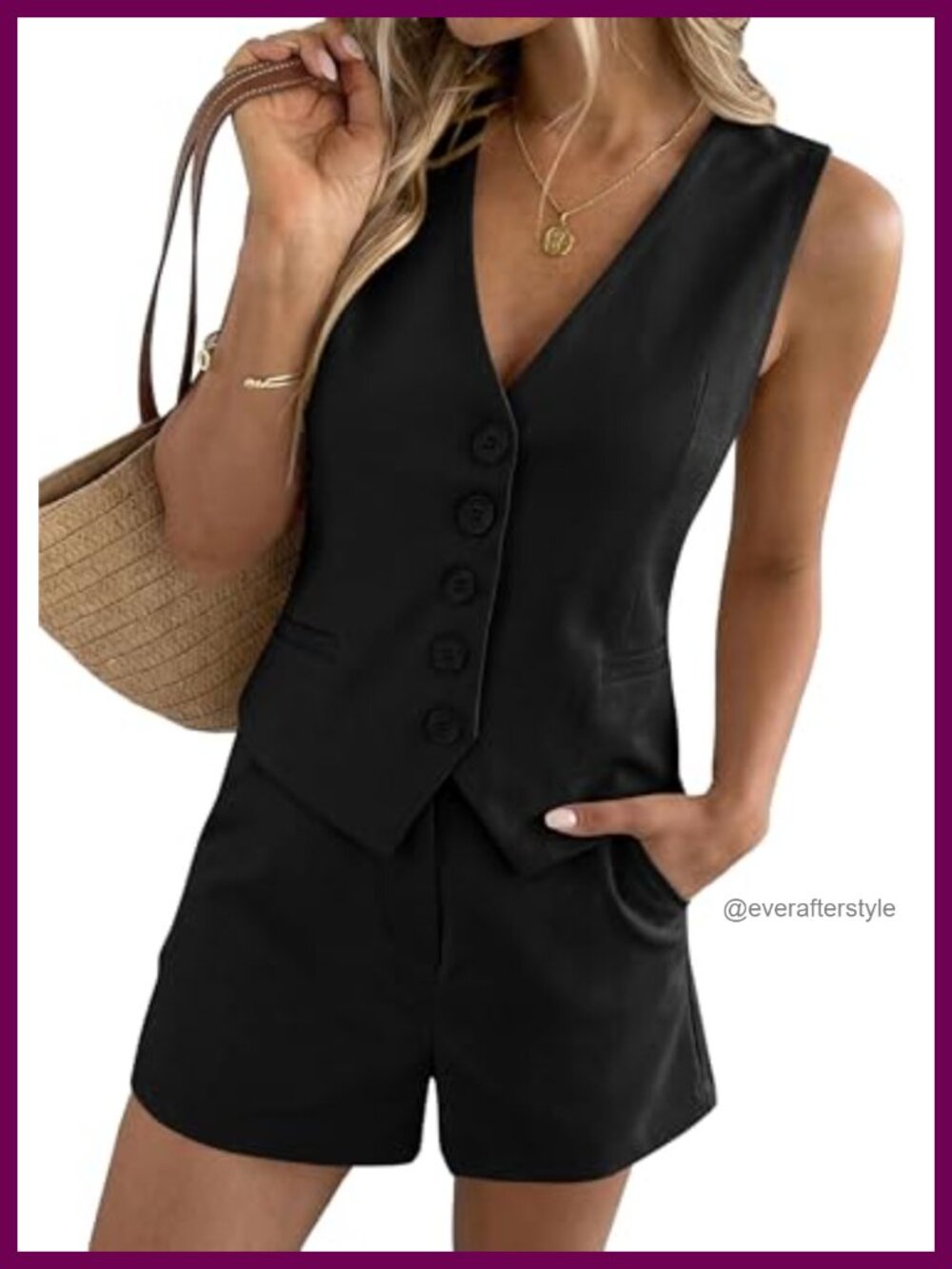 Women's 2 Piece Vest and Shorts Set Sleeveless Button Front V-Neck High Waisted